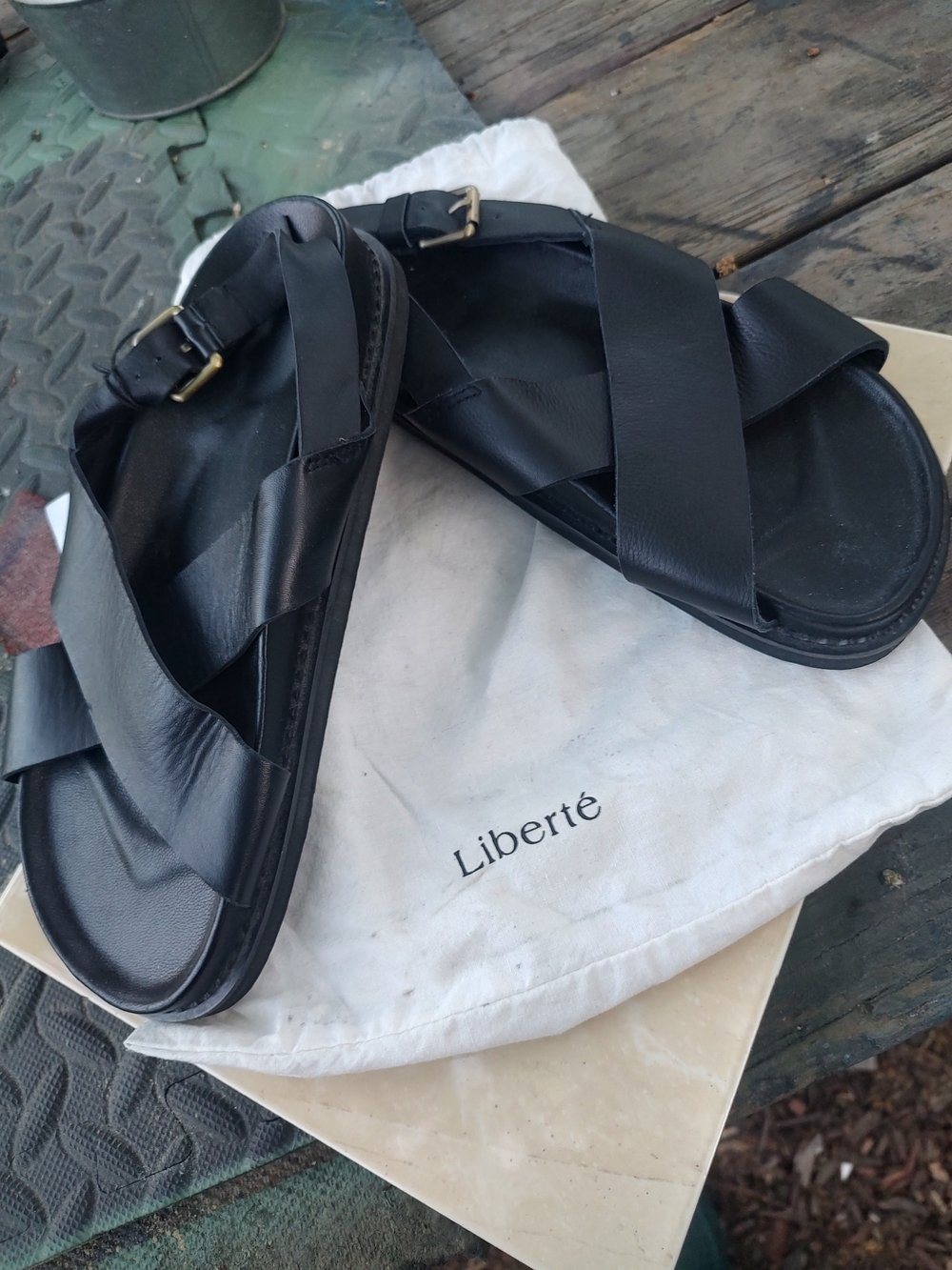 Liberte Women's Black Leather Cross-Strap Sandals